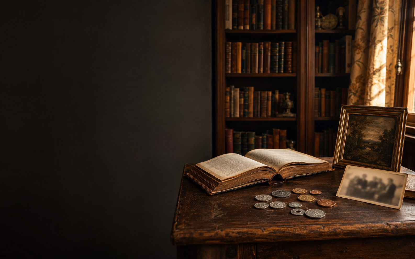 Libros antiguos, monedas, una fotografía y un cuadro sobre una mesa de madera