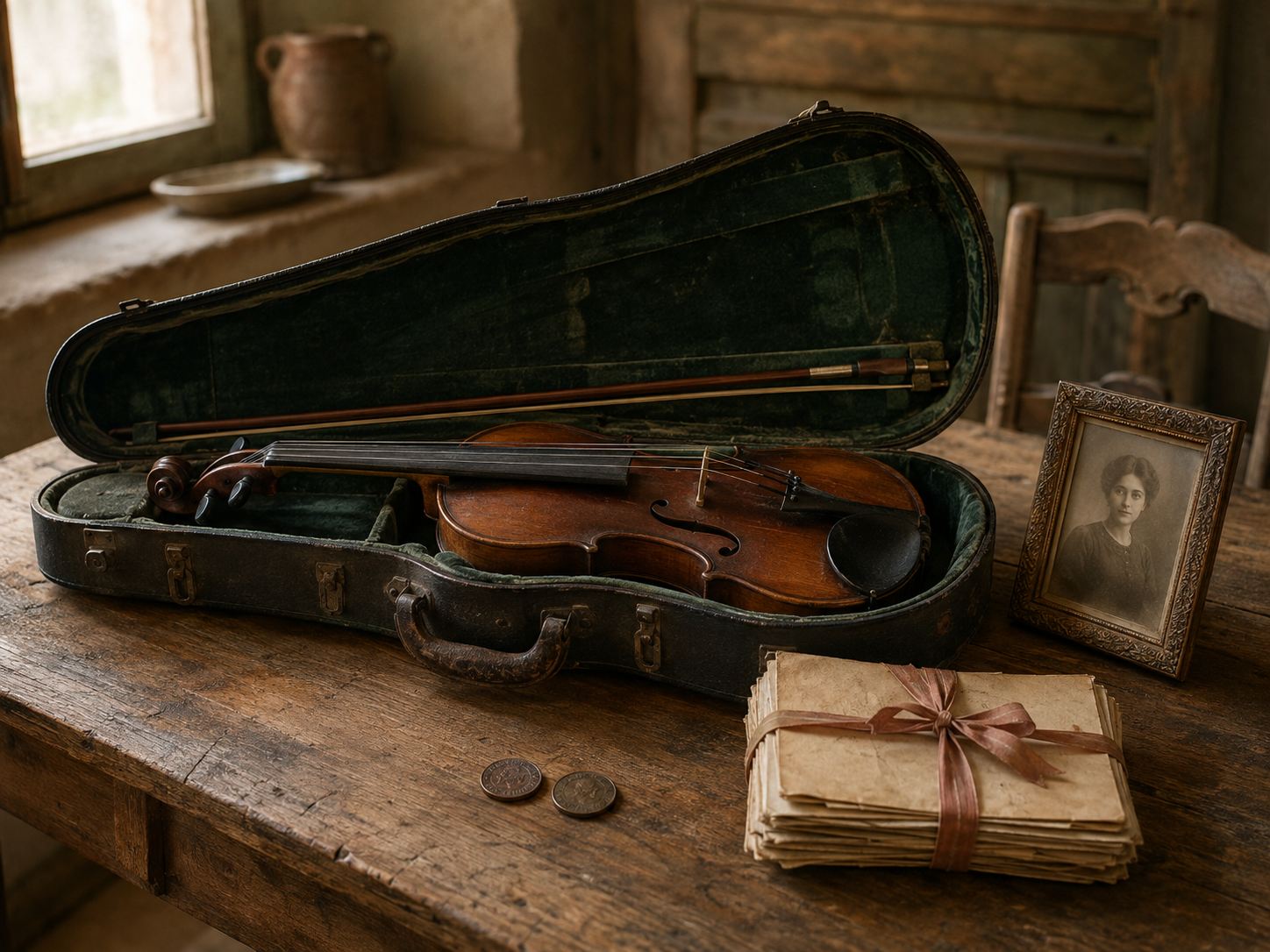Violín antiguo acompañado por una fotografía familiar, cartas y monedas
