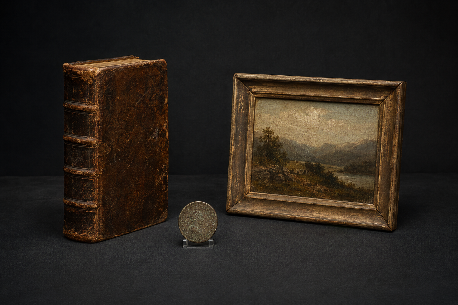Libro antiguo, moneda y pintura catalogados